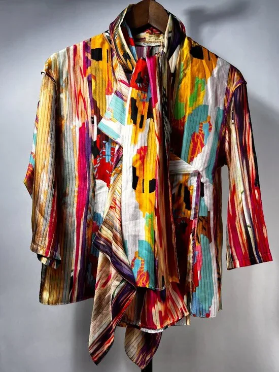 ETRO 100% Silk Multicolor Abstract Striped Wrap Blouse with Scarf/Tie Sz 8 LNWOT - Picture 4 of 10